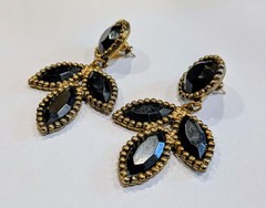 Jet Black Marquise Leaf Drop Earrings, Vintage, Antique Gold Tone, Byzantine