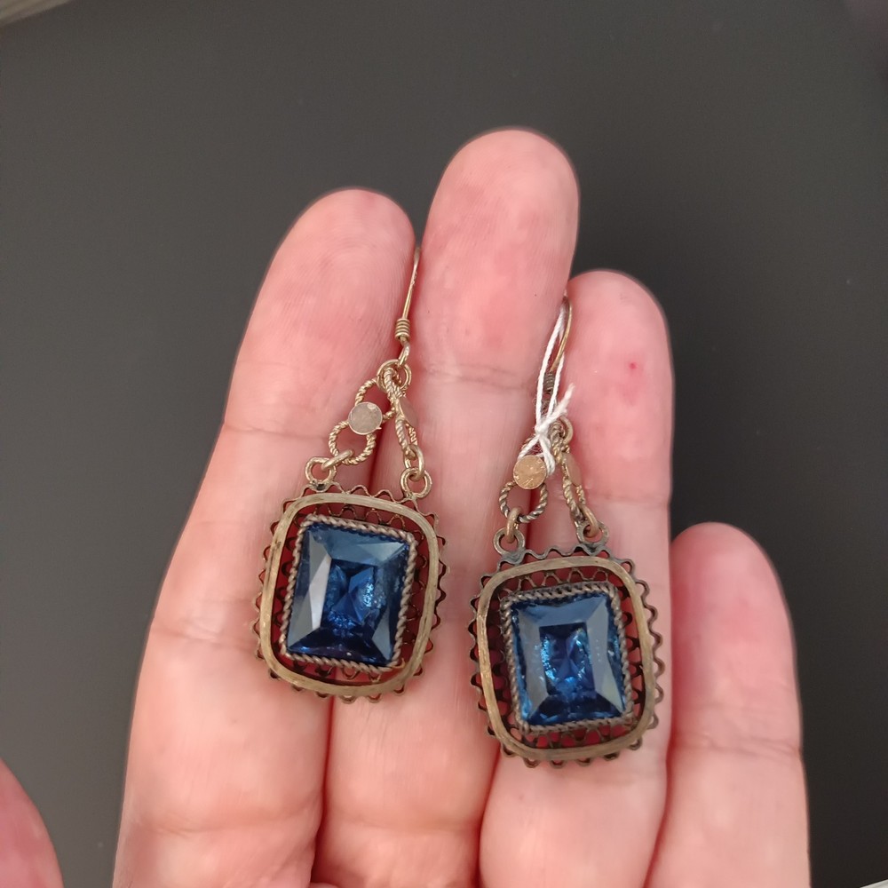 Vintage Bezalel Silver Earrings Filigree Blue Glass Jerusalem Early Production