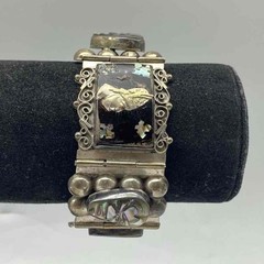 Vintage Mexican 925 Sterling Silver Abalone Aztec Mask Panel Bracelet 7.25″