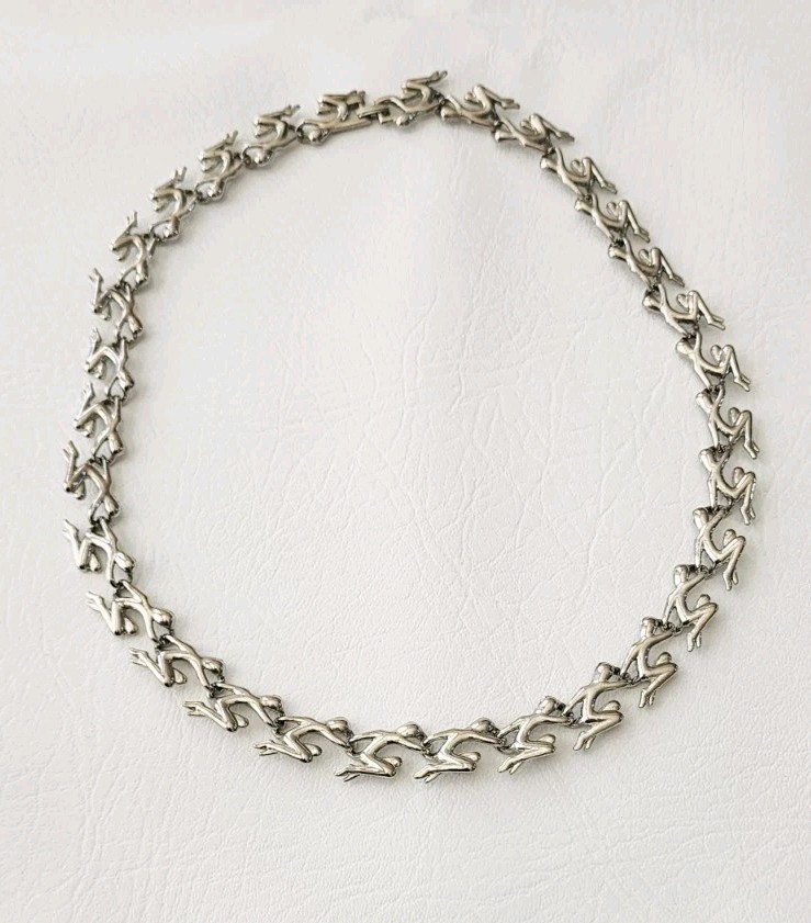 Vintage Modernist Kneeling People 3D Abstract Statement Necklace Silver Tone