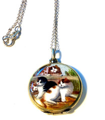 PRISTINE Antique*935*Double Sided*HP ENAMEL GUILLOCHE* 4 CATS* Locket Necklace