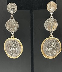 VTG. Etruscan Disc Drop Earrings Zeus Greek Roman Coin Matte Silver Golden 2 7/8