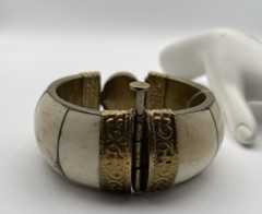 Vintage Clamper Tribal Bangle Horn Bone Brass Agate Gemstone Hinged Bracelet