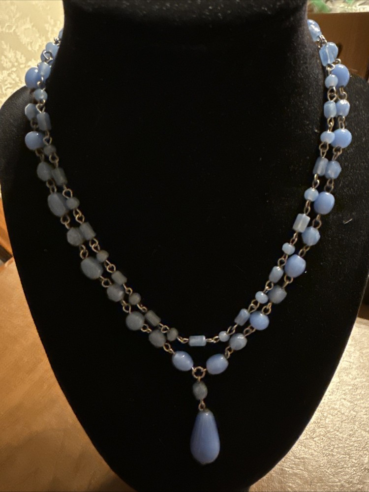 Vintage Blue Glass Multi strand Drop Necklace 16” (Lot# 595)