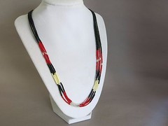 Necklace Red Gray Black 2mm Beads with Porcupine Quills 26 inch [1919]