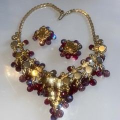Gorgeous Vtg Juliana D&E Red Purple Rhinestone Bead Necklace Earring Set
