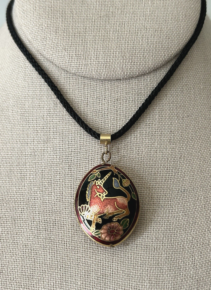 Vintage Double-Sided Cloisonné Enamel Unicorn Pendant Necklace