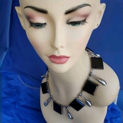 Original STERLING SILVER 925 Deco Onyx Modernist Necklace 186 Gr Vintage 18″ In