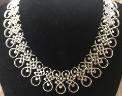 Vintage Crown Trifari Silver Tone Ribbon Crystal Wide Necklace RARE 15.5 in