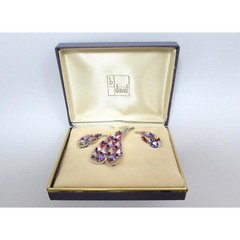 Vintage Pink Iridescent Rhinestone Brooch with Matching Earrings by B. David