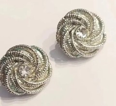 Vintage Estate Silver Twisted Round Textured Post Pierced Rhinestones Earrings