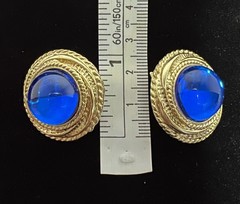 Vintage Blue Cabochon Oversized Chunky Textured Gold Tone Clip On Earrings 80s
