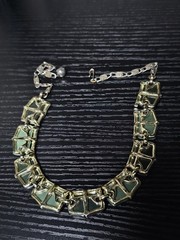 Vintage Signed Lisner Green Thermoset Panel Necklace Silver Tone Adjustable