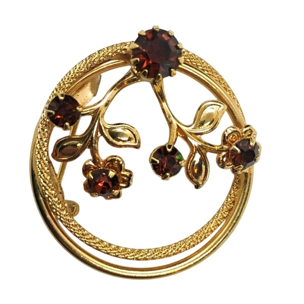 VTG Root Beer Brown Rhinestone Fall Floral Circle Pin Brooch Gold Tone 1 1/4″