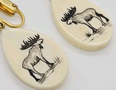 Moose Faux Scrimshaw Earrings Cream Drop Dangle Clip on Gold Tone 1.5 in