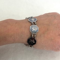 VTG Siam Sterling Silver 925 Niello Black Enamel Panel Bracelet 6.75″