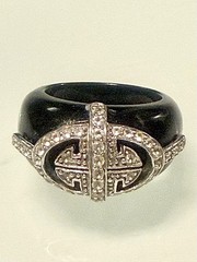 VINTAGE SOLID BLACK ONYX BAND W 925 SS ART DECO CZ DESIGN RING SZ 7