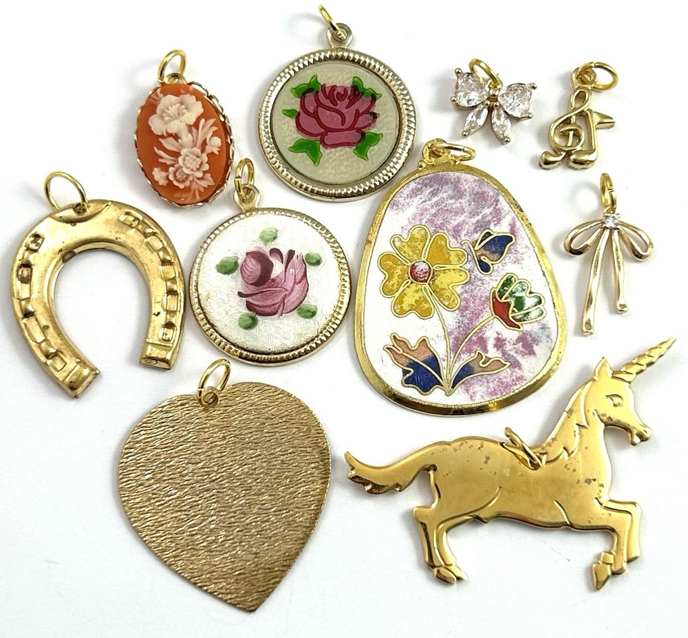 Vintage Jewelry Lot Charms Pendant Enamel Flower Bow Gold Plated AS IS CRAFT