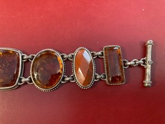 Vintage Amber, Ivory, Brown Cabochon Bracelet Sterling Silver