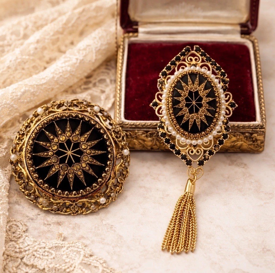 Vintage Victorian Revival Brooch Lot of 2 Gold Black Enamel Tassel Filigree