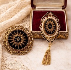 Vintage Victorian Revival Brooch Lot of 2 Gold Black Enamel Tassel Filigree