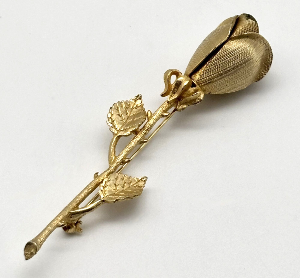 Vintage Rosebud Brooch Textured Matte Shiny Gold-Tone Metal Unbranded 3.5 Inches