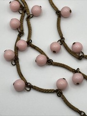 Vintage Multi 3 Strand Pink Beaded Necklace Antique Gold Tone Etched Bar Link