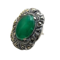 7.2g Antique Vintage Deco 925 Sterling Silver Marcasite Green Onyx Ring S 4.75