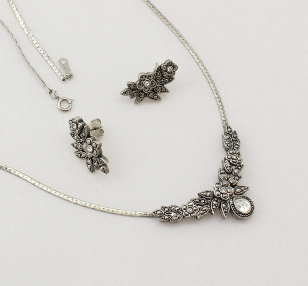 Vintage Avon Marcasite Empire Necklace Earring Set; Book Piece 1989