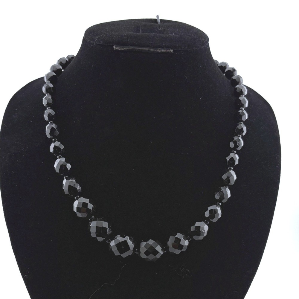 Vintage Black Faceted Glass Bead Graduated Necklace Brass Spring Ring Clasp