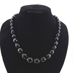 Vintage Black Faceted Glass Bead Graduated Necklace Brass Spring Ring Clasp