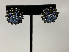 LaVintage Bronze Tone Blue Green Rhinestone Flower Cluster Pierced Earrings