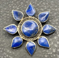 VTG Lapis Lazuli Silver Tone Flower Brooch Pin Nepal Sun Celestial Boho Ethnic