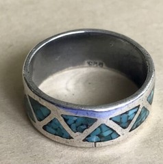 925 Sterling Silver Ring Band Blue Turquoise Inlay Triangle Pattern Size 8