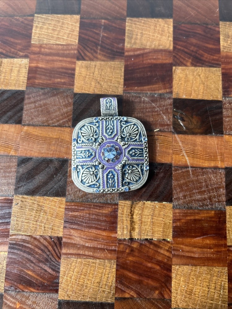Vintage Style Ornate Square Pendant w/ Blue & Purple Accents – 1.5” – No Chain