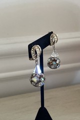 Vintage Aurora Borealis Crown Cage Ball Drop Gold Chandelier Clip On Earrings