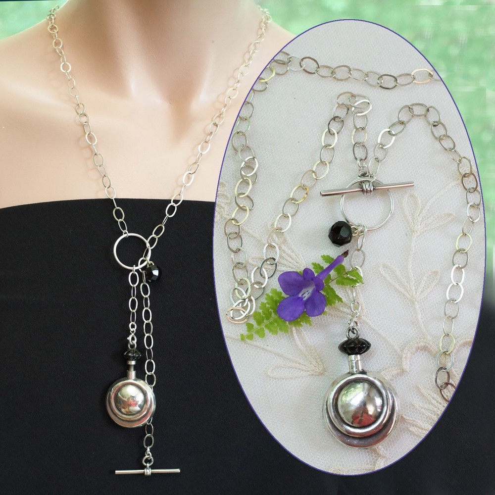 Vintage Art Deco Style Sterling Glass Top Perfume Bottle Necklace T-Bar Toggle