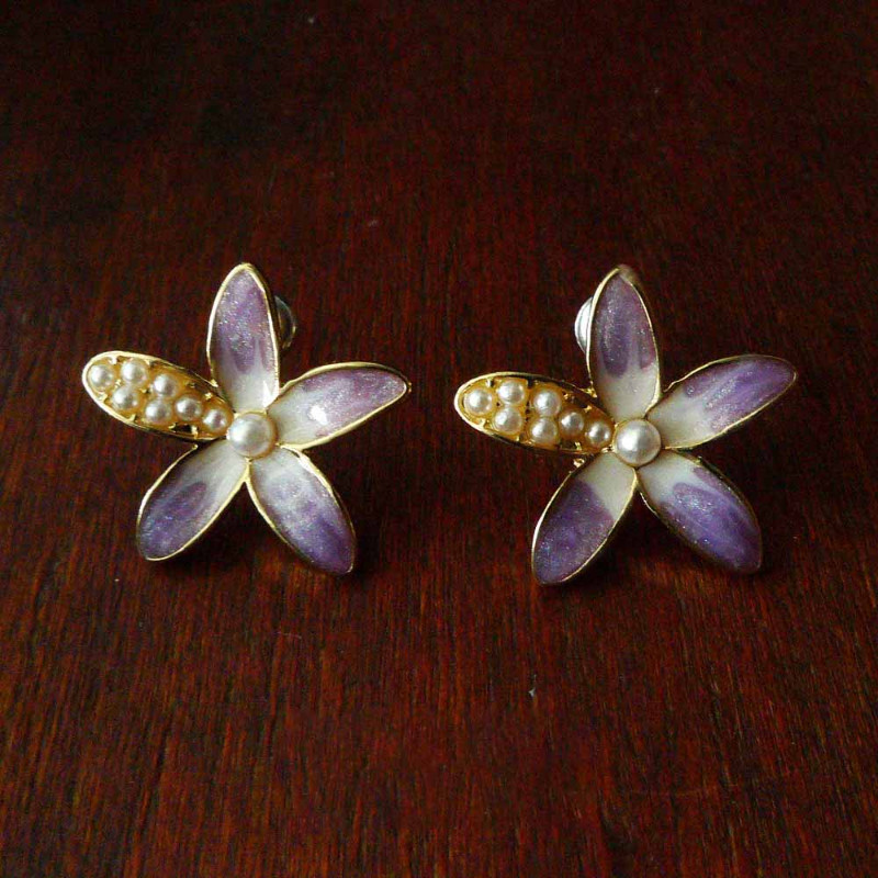 Vintage Enamel Flower Brooch Earring Pearl Women Clothing Party Accessories Gift