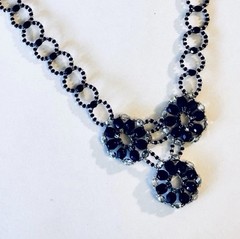 Vintage 1950s Estate Black Silver Glass Bead Stretch Statement Necklace Handmade
