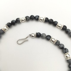 Silver Schark Handmade Sterling Silver & Snowflake Obsidian Necklace 15-18” #94