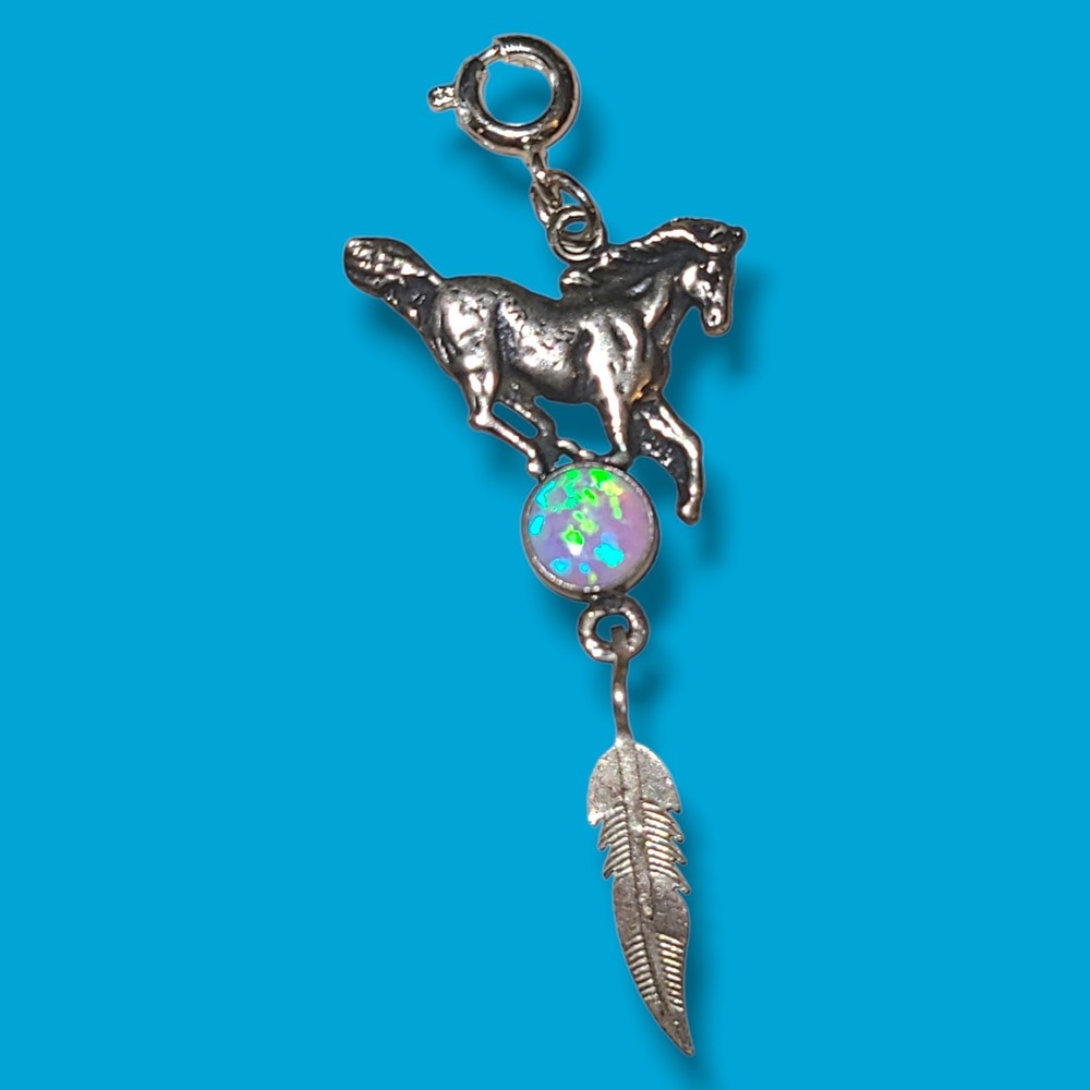 925 Sterling Silver Blue Fire Opal Horse Feather Clip-On Charm Pendant