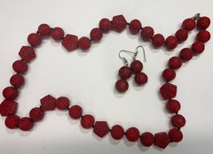 Vintage Chinese Cinnabar Carved Red Bead Necklace & Earrings Set