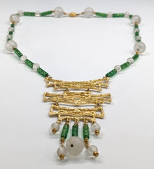 Vintage Chunky Huge Textured Gold Tone Pendant Faux Jade Asian Beaded Necklace