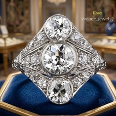 3-Stone Art Deco 4CT Round Lab Created Diamond Vintage Wedding Ring 14K Gold FN