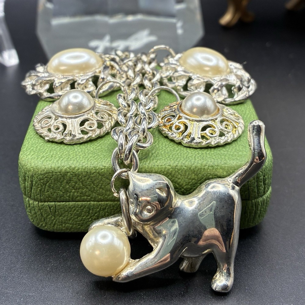 Vintage Pearly & Silver Trinkets On White-Hot Summer Silver Bracelet + Kitty CAT
