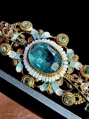 Antique Signed Czechoslov White Beads Enamel Brooch Blue Glass Stone Pin