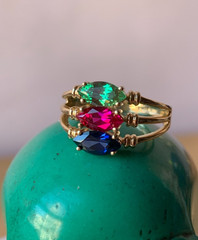 14K GOLD EMERALD GREEN,RUBY RED,SAPPHIRE BLUE CZ CUBIC ZIRCONIA WIDE BAND RING