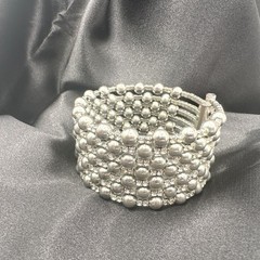 Vintage 90s Silver Tone Multi Row Bead Clear Glass Wide Cuff Statement Bracelet
