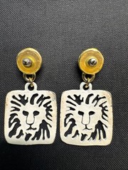 Anne Klein Earrings Gold White Square Lion Head Logo Pierced Dangle Vintage