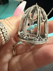 Vintage Silver Tone Bird Cage Pendant Necklace with Turquoise Bird 19”